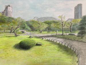 小石川後楽園の秋を描く｜東京ドームを望む蓮池の風景