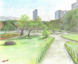 秋彩の蓮池、小石川後楽園にて