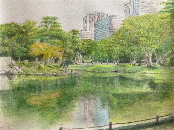 【水彩画110作目】東京・小石川後楽園の秋｜大泉水に浮かぶ蓬莱島と高層ビルが奏でる静かな対話