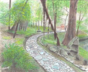 小石川後楽園「延段」第二場面を描く水彩画112作目