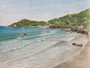 【水彩画116作目】平戸・根獅子の浜の夏の海景｜遠浅の波と光を描く旅の記憶
