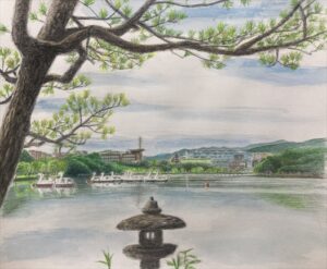 大濠公園の夏景色と風景盆栽「松風」水彩画 122作目
