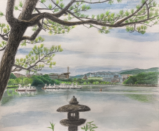 大濠公園の夏景色と風景盆栽「松風」水彩画　122作目